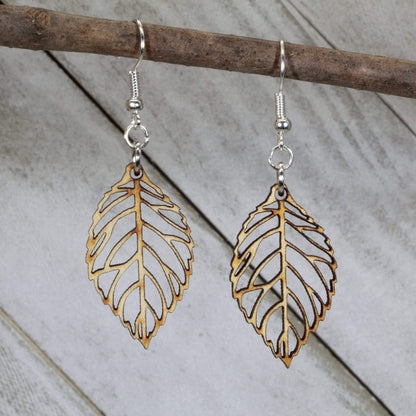 Hand-painted wooden leaf cutout dangle earrings with minimalist nature design and hypoallergenic sterling silver hooks, lightweight leaf statement jewelry earrings for botanical and earthy style