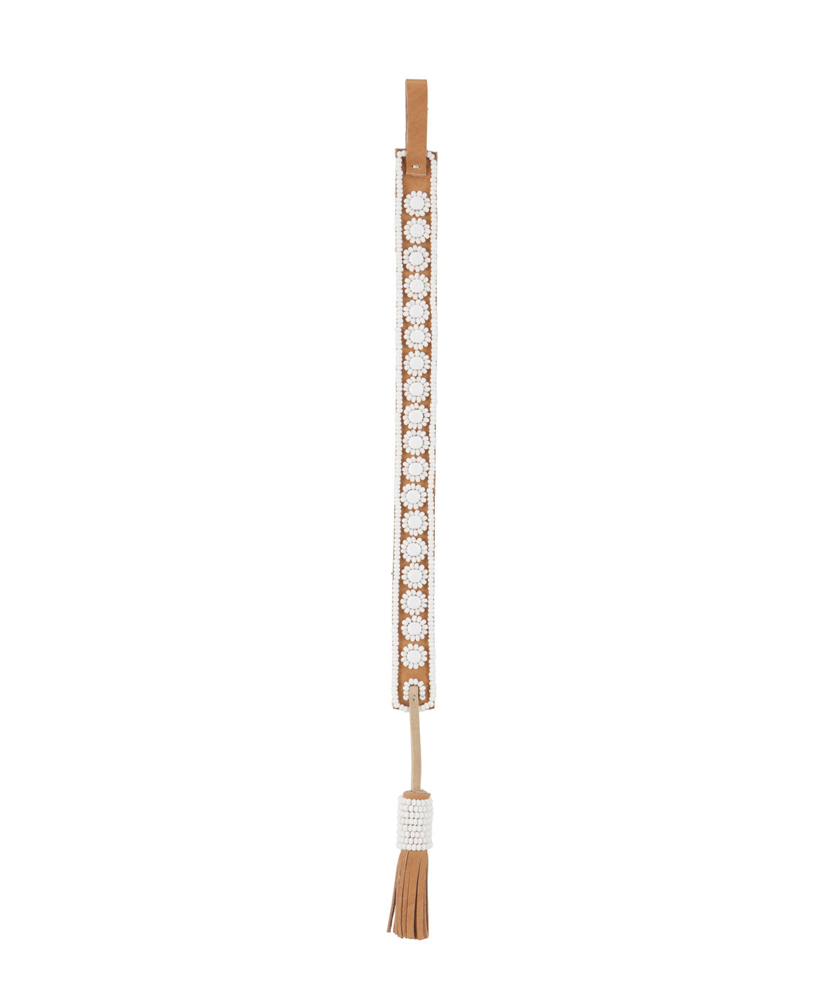 White handmade Maasai beadwork flower on leather bookmark by Sidai Designs, ethical artisan sustainable jewelry brand, Tanzania