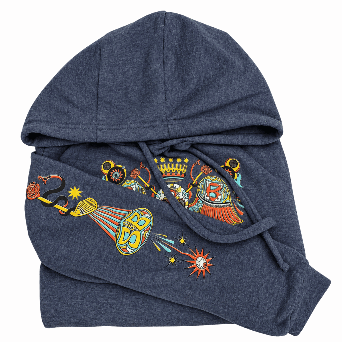 A navy blue heathered hoodie with a detailed multicolor graphic print featuring a snake, a golden sun, a crown, and a stylized letter &