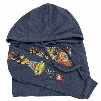 A navy blue heathered hoodie with a detailed multicolor graphic print featuring a snake, a golden sun, a crown, and a stylized letter &