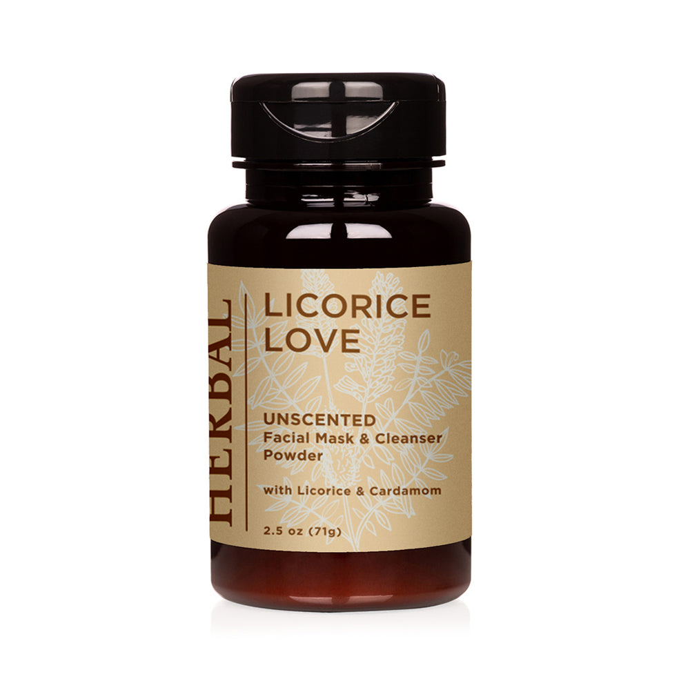 A bottle of Herbal Love Licorice Love Unscented Facial Mask &amp; Cleanser Powder, featuring a dark amber-brown bottle, a beige label with botanical illustrations, and a black flip-top cap, set against a plain white background.