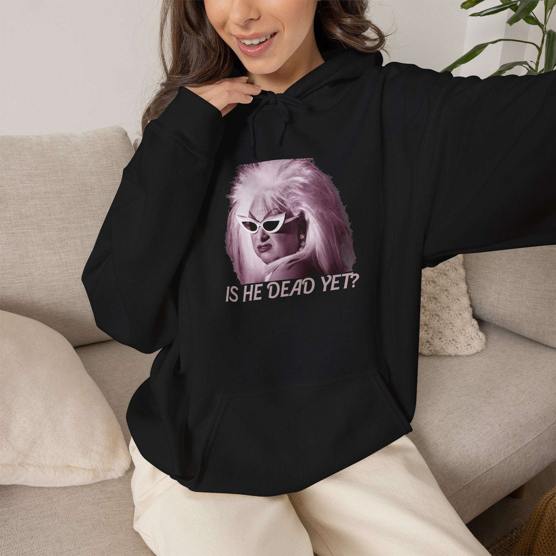 Is He Dead Yet? Divine Portrait Hoodie — Retro Drag Statement Pullover