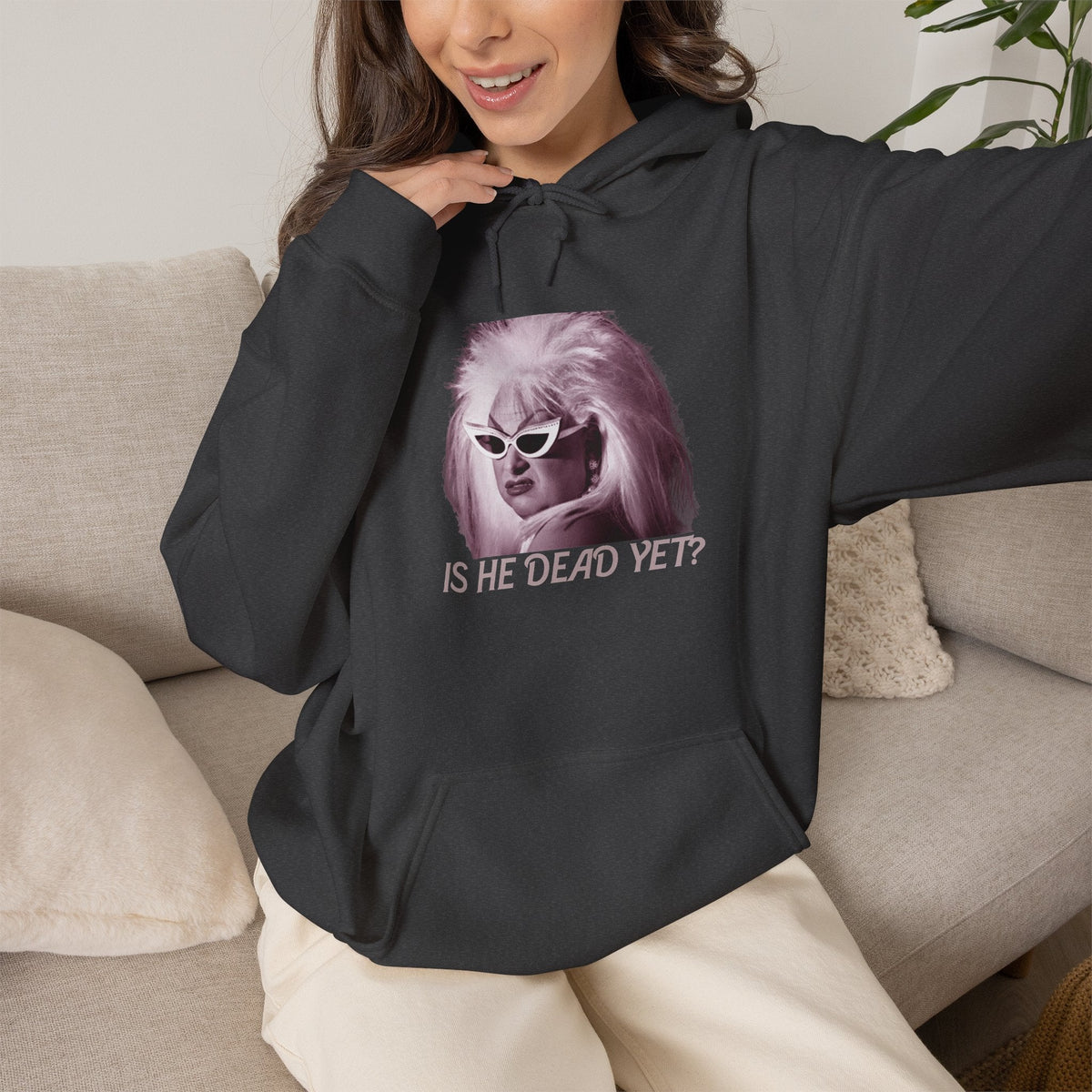 Is He Dead Yet? Divine Portrait Hoodie — Retro Drag Statement Pullover