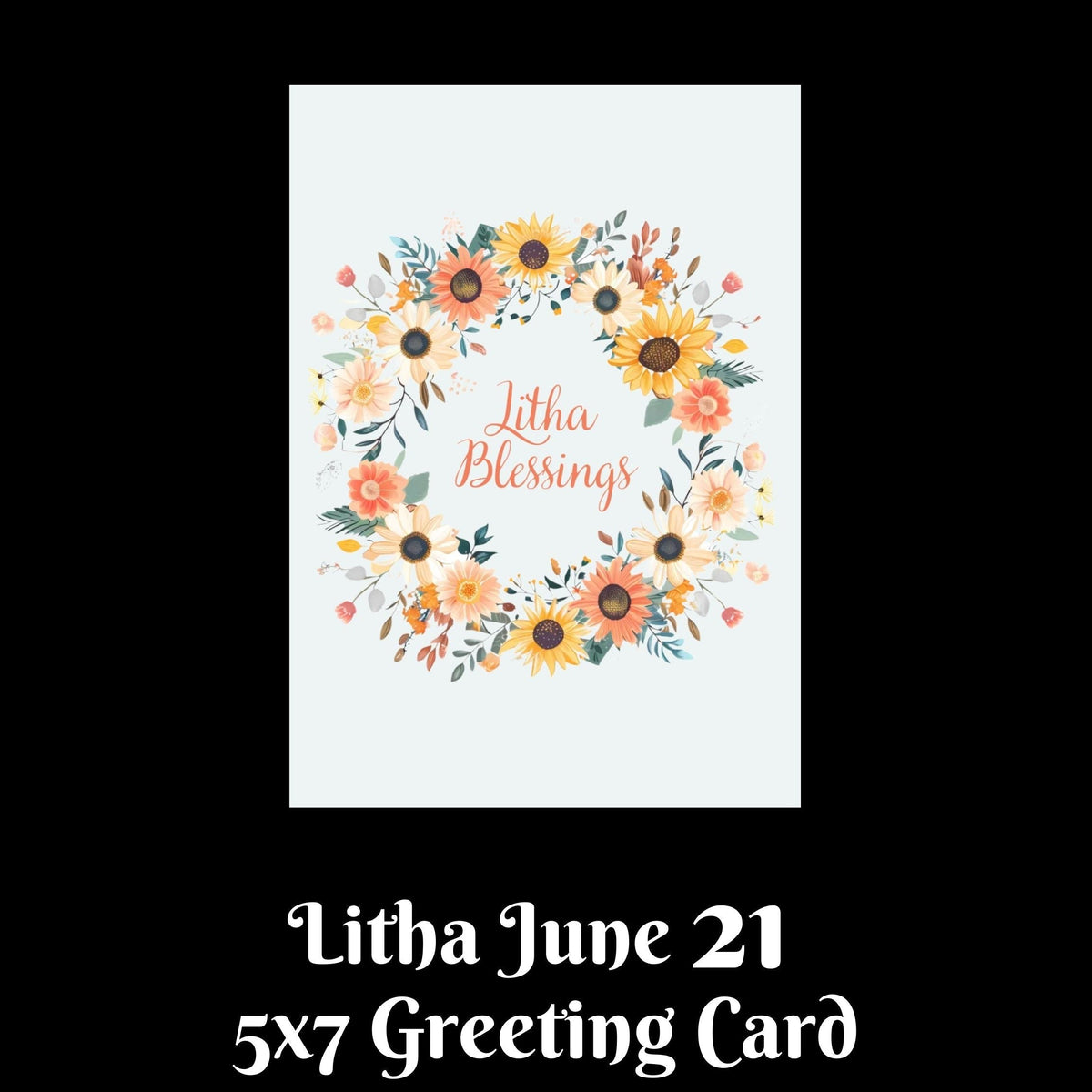 A greeting card design shown on a black background with text below reading &