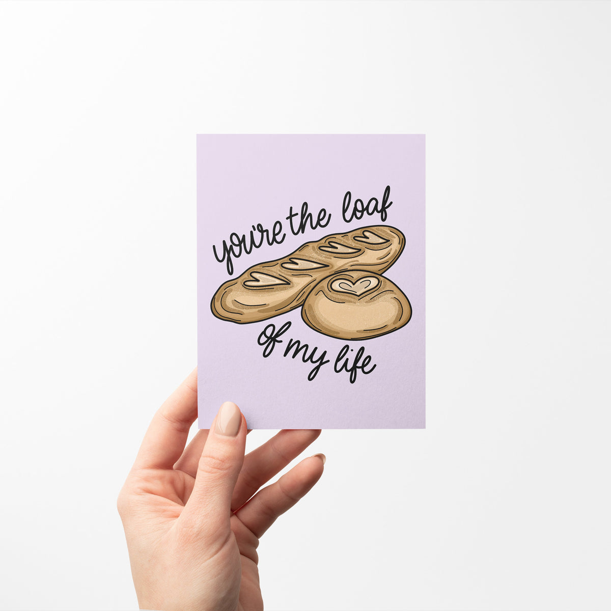 Loaf of my Life love card flat lay — illustrated bread pun Valentine&