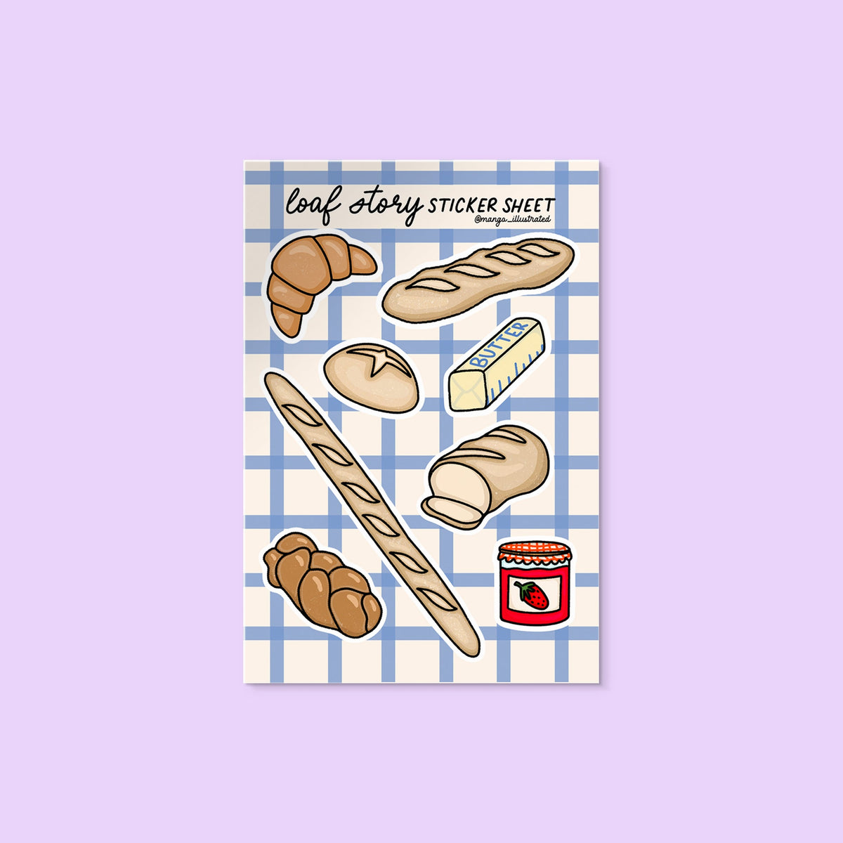 Loaf Story Bread Sticker Sheet flat lay — illustrated foodie sticker sheet by indie artist MangoIllustrated