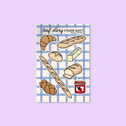 Loaf Story Bread Sticker Sheet flat lay — illustrated foodie sticker sheet by indie artist MangoIllustrated