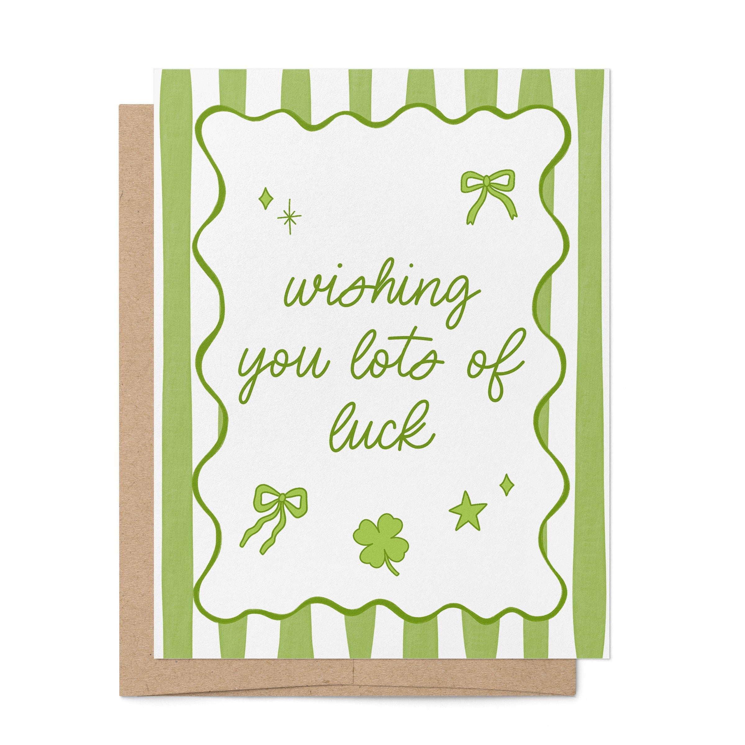 Lots of Luck card — green striped design with wishing you lots of luck hand lettering, A2 4.25 x 5.5 inches, by MangoIllustrated