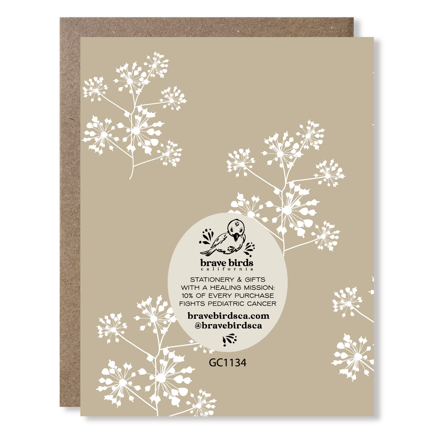 Back of greeting card with continued print and brand information