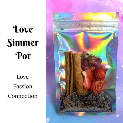 A holographic stand-up pouch containing dried botanicals and cinnamon sticks, shown next to text reading &