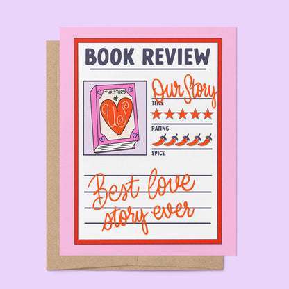 Book Review love card standing upright — hand drawn bookish love card by indie artist MangoIllustrated