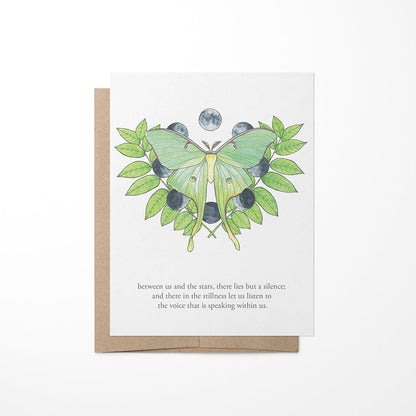 A greeting card featuring a watercolor painting of a luna moth with leaves on a beige background, paired with a quote by Jerome K. Jerome.