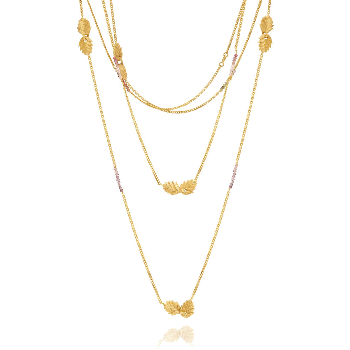 Gold spinel and bromelia flower wrap chain necklace ethically handmade, flat lay