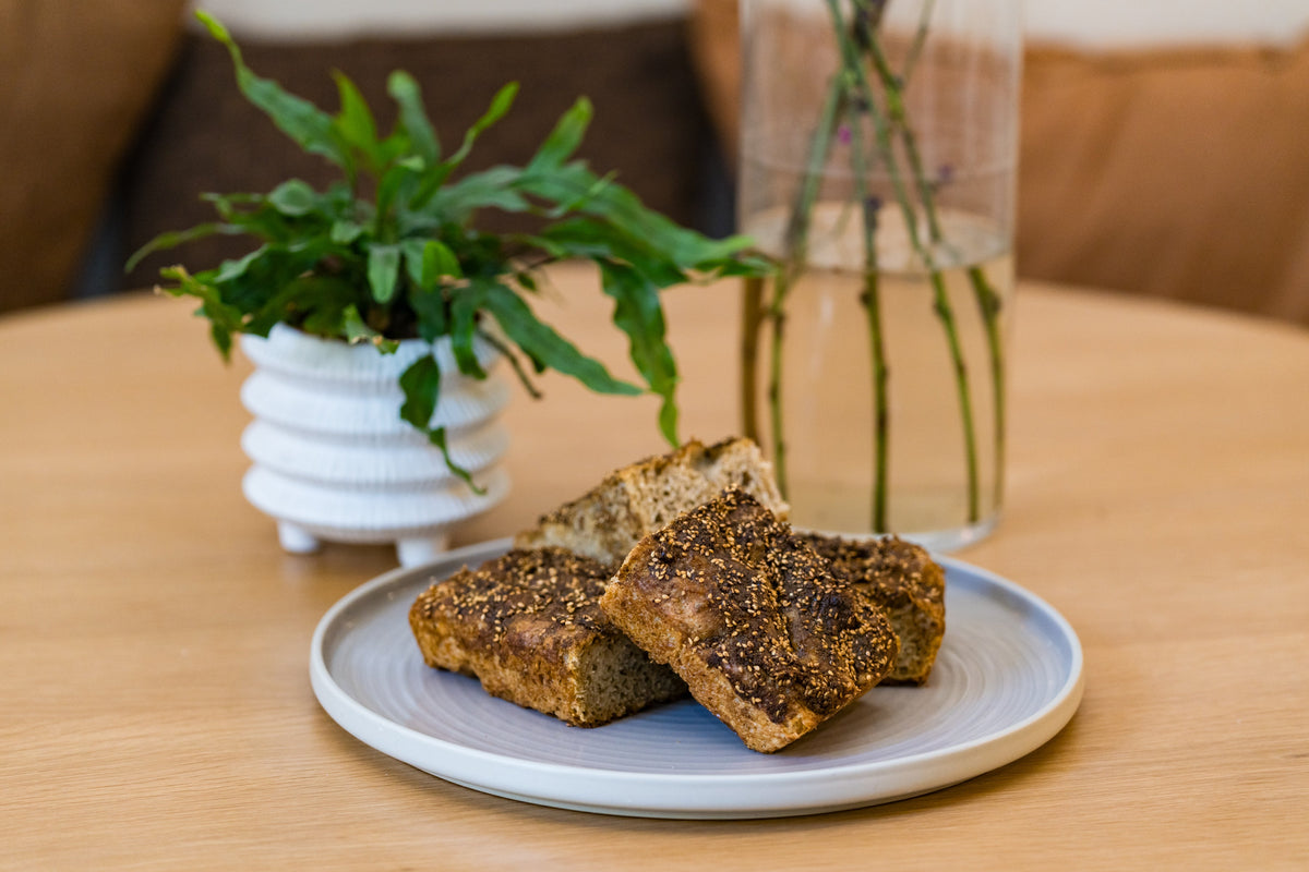 Zaatar focaccia bread with pomegranate molasses drizzle