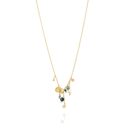 Gold flower and gemstone cluster necklace, made by artisans in portugal, flat lay, chicago ethical necklace jewelry