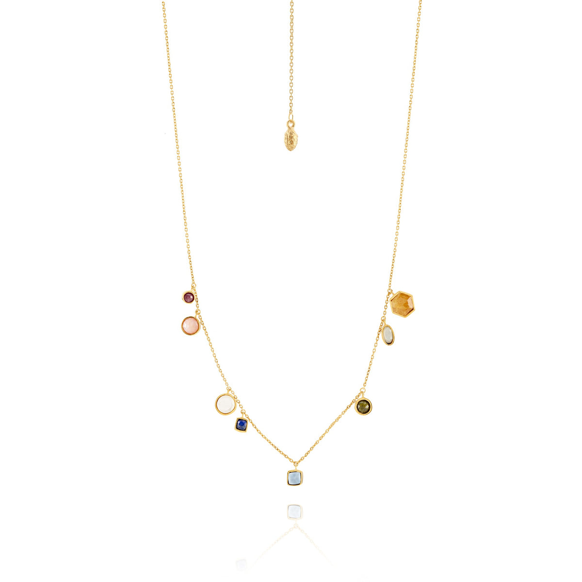 gold mixed flower and stones handmade necklace gift, flat lay, ethically made necklace chicago 