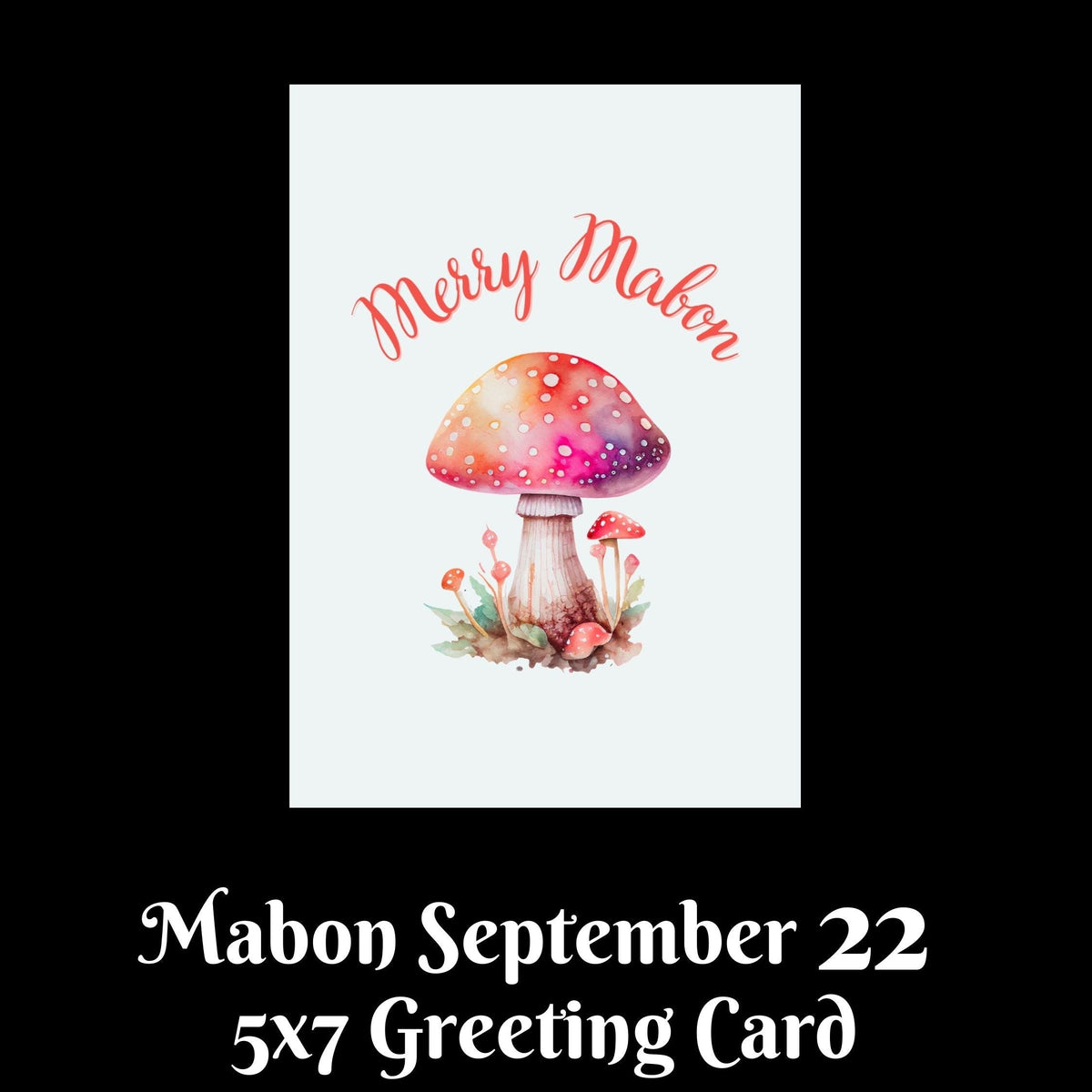 A 5x7 greeting card design shown on a black background with text below reading &