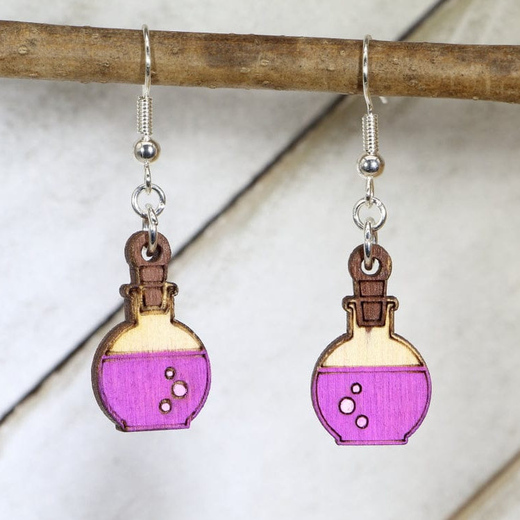 Hand-painted wooden mad scientist potion bottle dangle earrings with fantasy lab design and hypoallergenic sterling silver hooks, lightweight potion statement jewelry earrings for science geeks and fantasy lovers