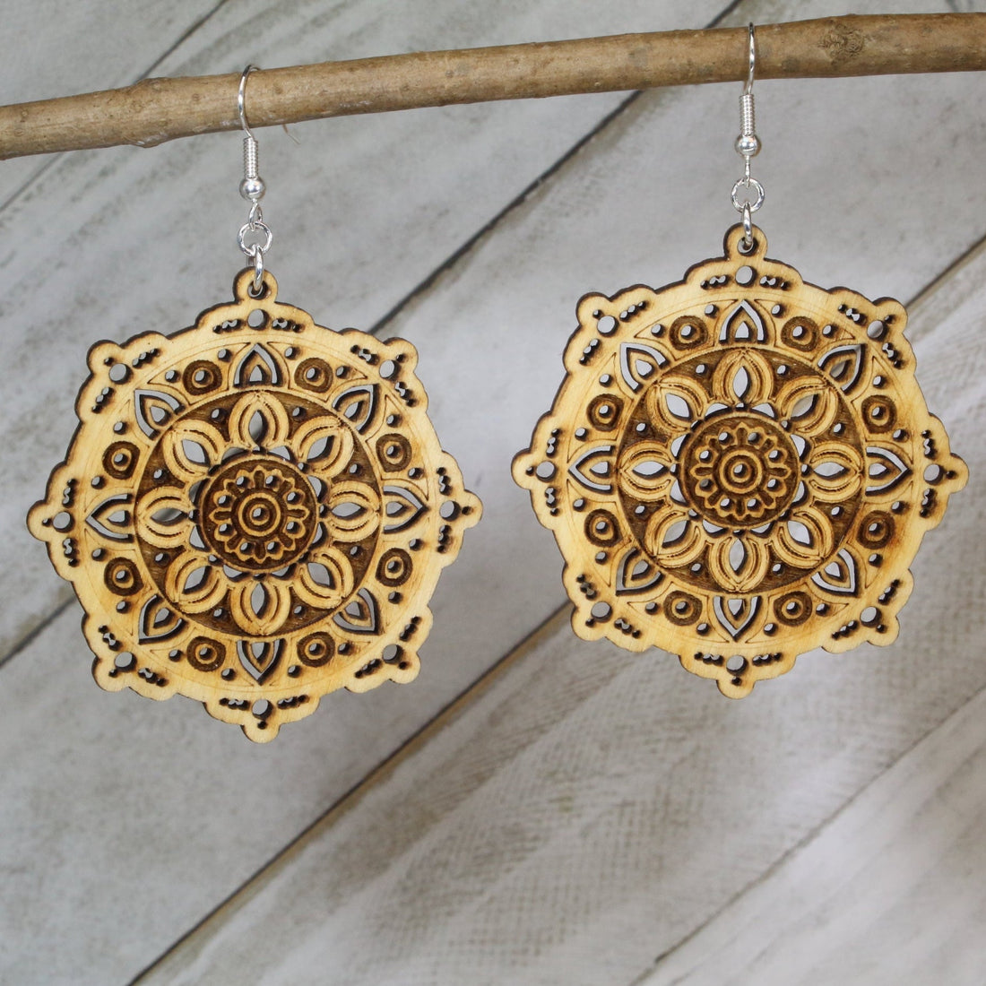 Hand-painted mandala wooden dangle earrings with intricate boho geometric design, lightweight hypoallergenic statement jewelry for yoga lovers, spiritual style, and festival fashion