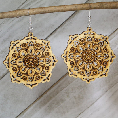 Hand-painted mandala wooden dangle earrings with intricate boho geometric design, lightweight hypoallergenic statement jewelry for yoga lovers, spiritual style, and festival fashion
