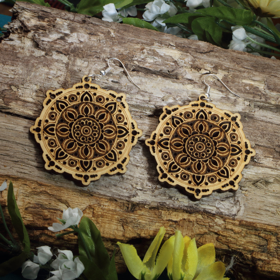 Hand-painted wooden mandala dangle earrings featuring intricate floral mandala engraving, hypoallergenic sterling silver hooks, and lightweight boho spiritual jewelry for yoga lovers, meditation enthusiasts, and free spirits by Cate&