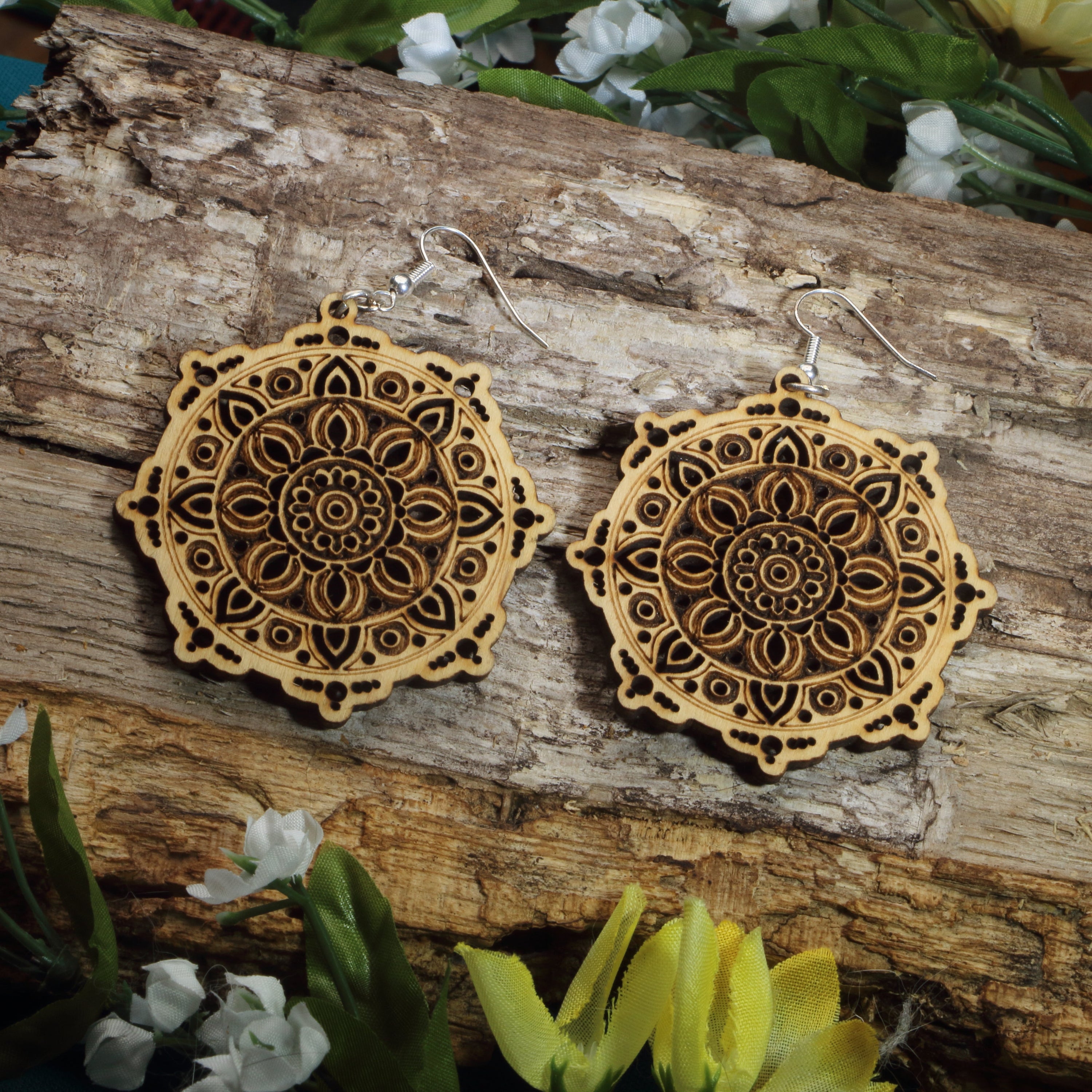 Hand-painted wooden mandala dangle earrings featuring intricate floral mandala engraving, hypoallergenic sterling silver hooks, and lightweight boho spiritual jewelry for yoga lovers, meditation enthusiasts, and free spirits by Cate&