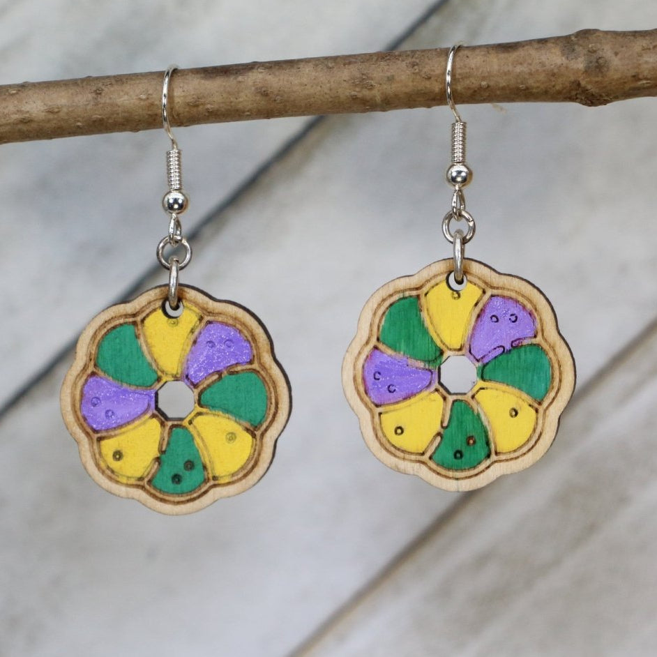 Hand-painted wooden Mardi Gras king cake dangle earrings with festive Louisiana dessert design and hypoallergenic sterling silver hooks, lightweight king cake statement jewelry earrings for New Orleans carnival style