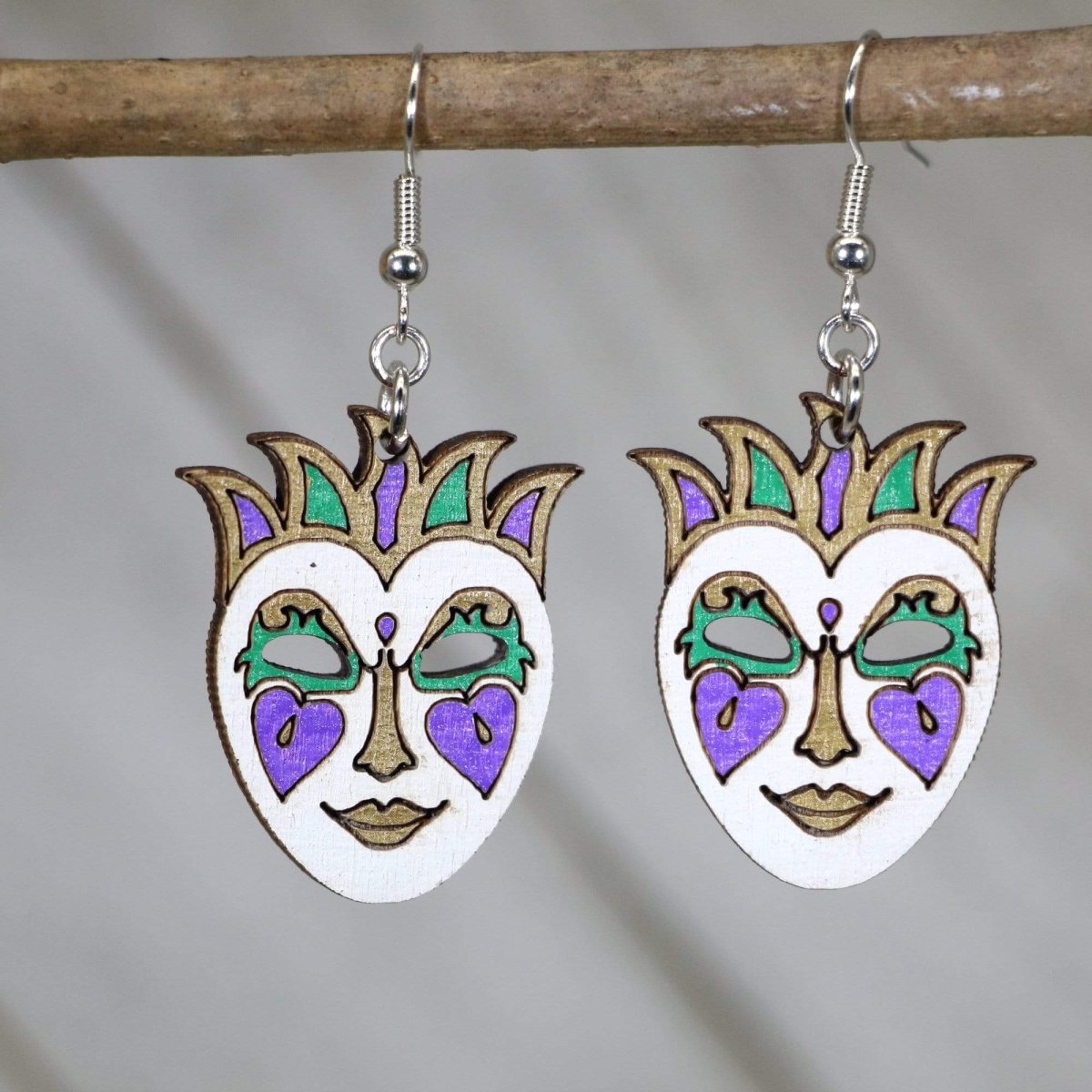 Hand-painted wooden Mardi Gras mask dangle earrings with festive New Orleans carnival design and hypoallergenic sterling silver hooks, lightweight masquerade statement jewelry earrings for parade season and Louisiana style