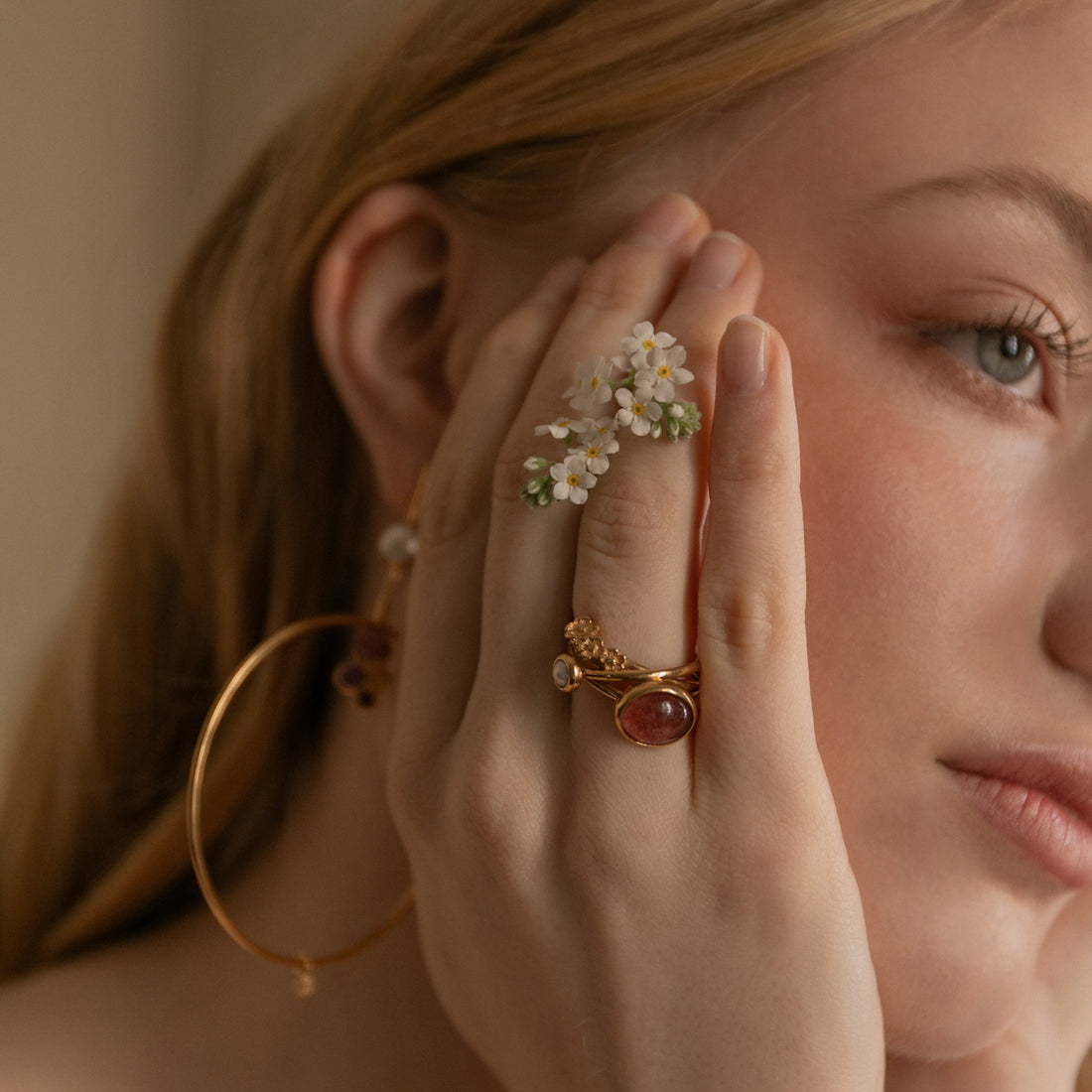 Ethically made gold ring, on model