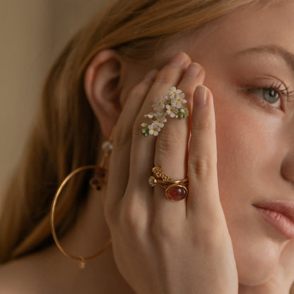 Ethically made gold ring, on model