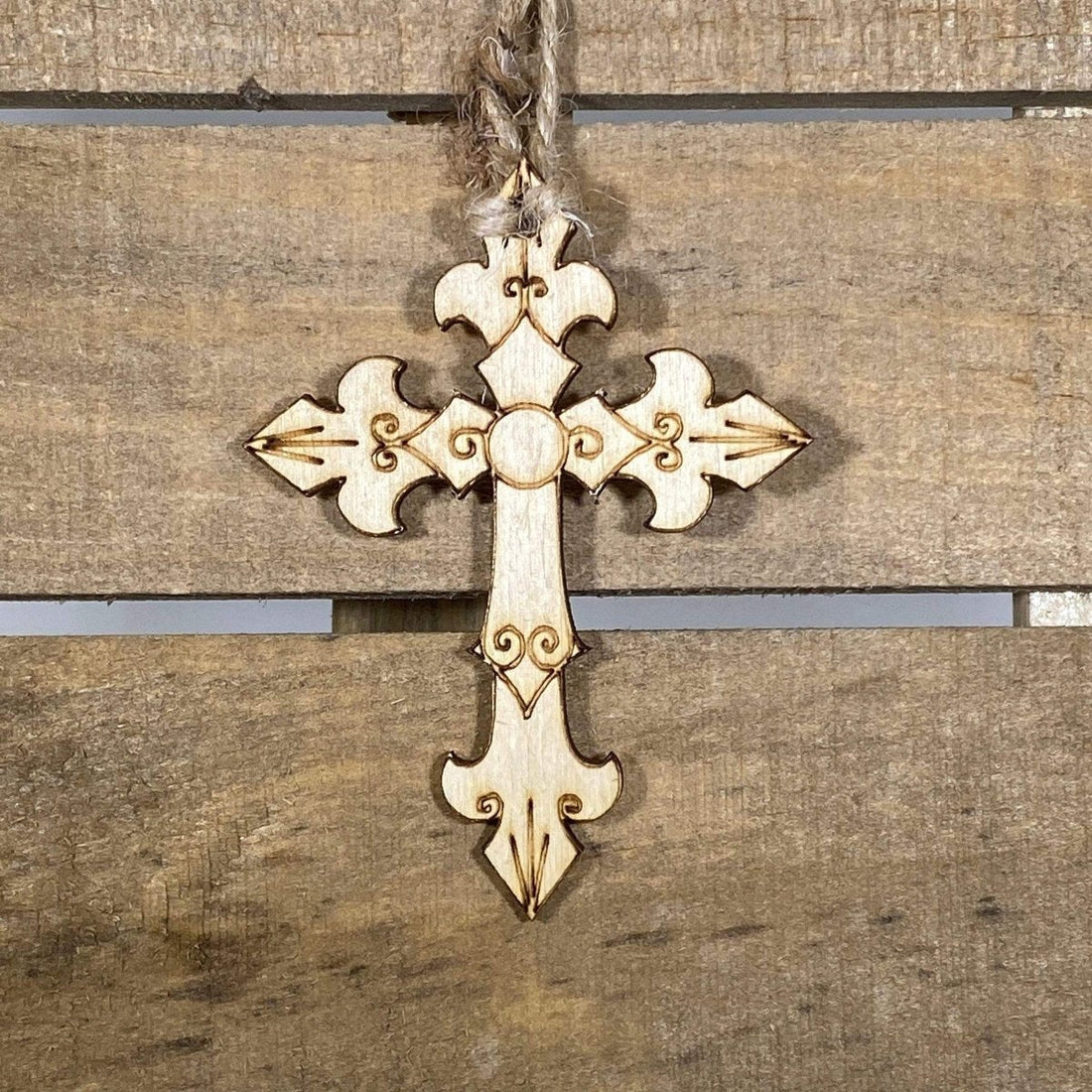 Hand-painted wooden medieval cross Christmas ornament featuring a detailed historic cross design with classic Christian symbolism, meaningful holiday decor for faith-based homes and religious celebrations by Cate’s Concepts