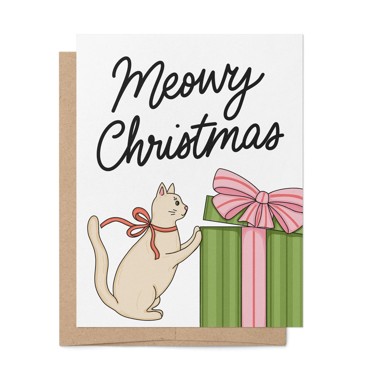 Meowy Christmas Card — hand drawn cat pawing at a present with hand lettered greeting, A2 4.25 x 5.5 in folded card, by MangoIllustrated