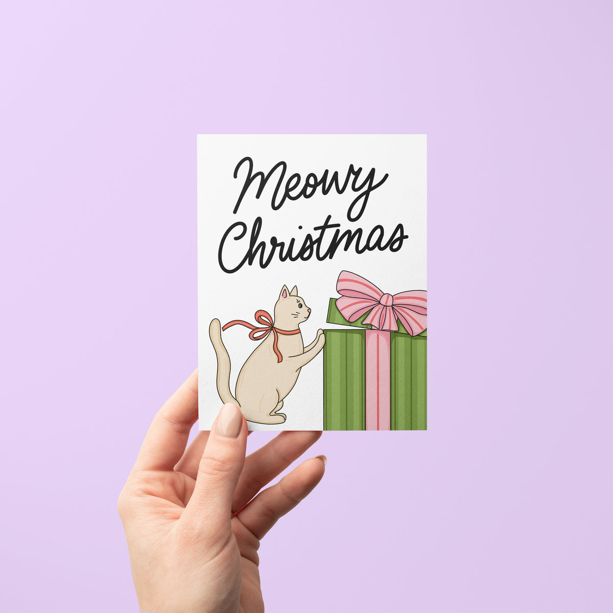 Meowy Christmas Card detail — hand lettered cat lover holiday greeting by indie artist MangoIllustrated