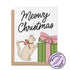 Meowy Christmas illustrated holiday card badge — hand drawn cat with present Christmas card by MangoIllustrated