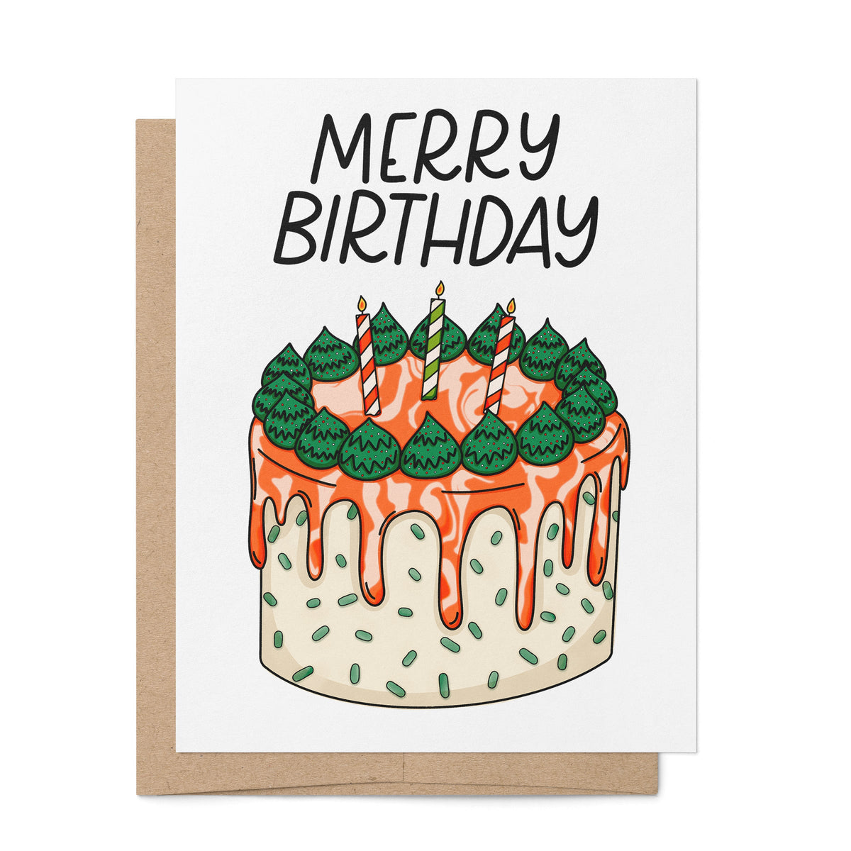 Merry Birthday Card — hand lettered greeting with hand drawn holiday birthday cake, A2 4.25 x 5.5 in folded card, by MangoIllustrated