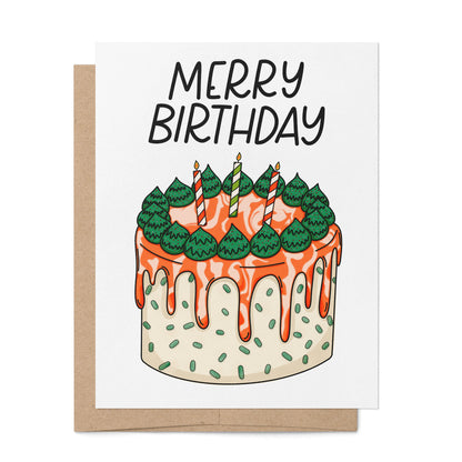 Merry Birthday Card — hand lettered greeting with hand drawn holiday birthday cake, A2 4.25 x 5.5 in folded card, by MangoIllustrated