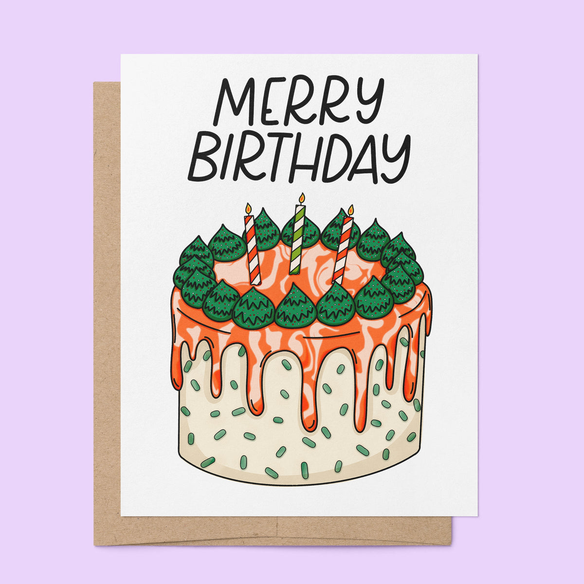 Merry Birthday Card flat lay — December birthday and holiday card by indie artist MangoIllustrated