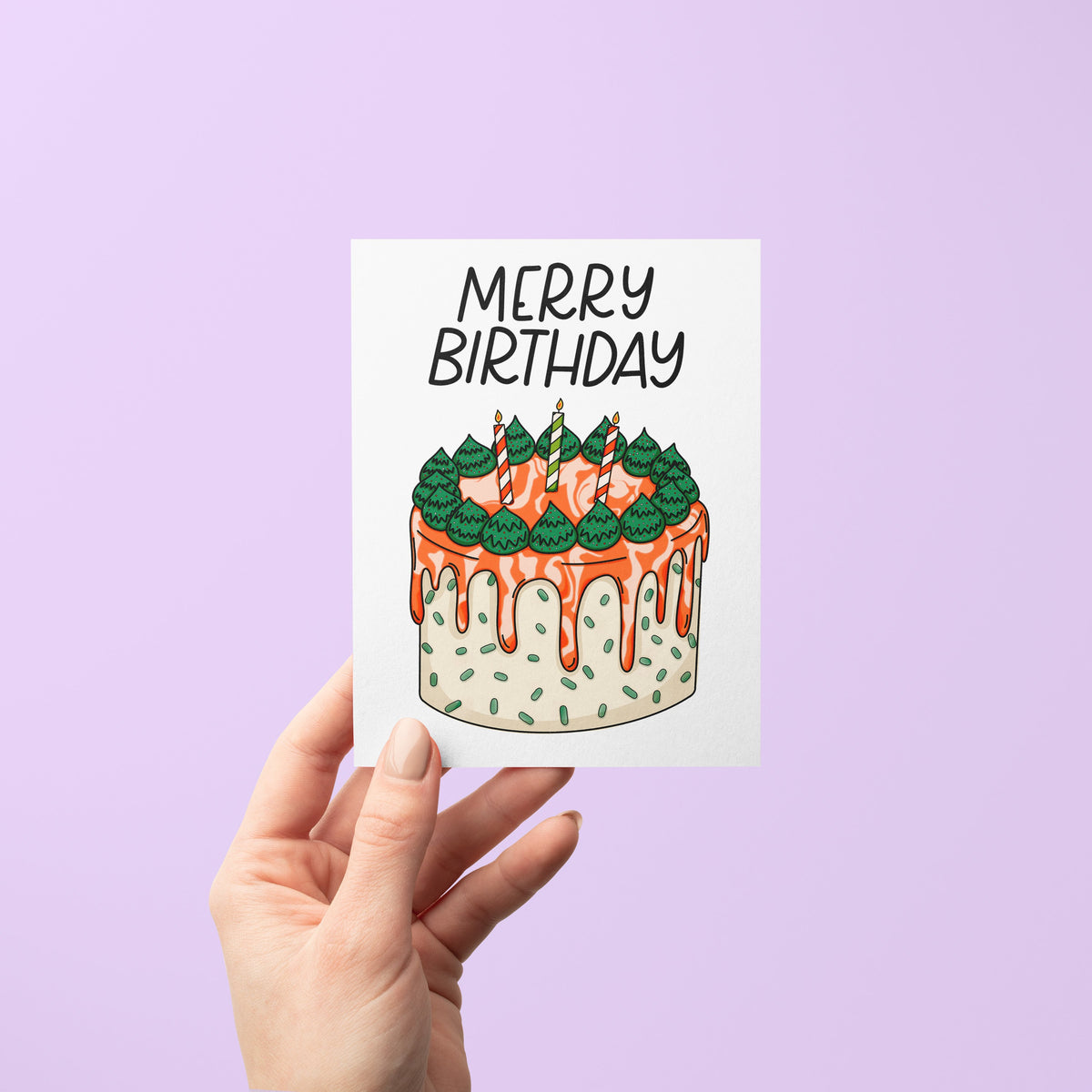 Merry Birthday Card detail — hand drawn festive birthday cake illustration by indie artist MangoIllustrated