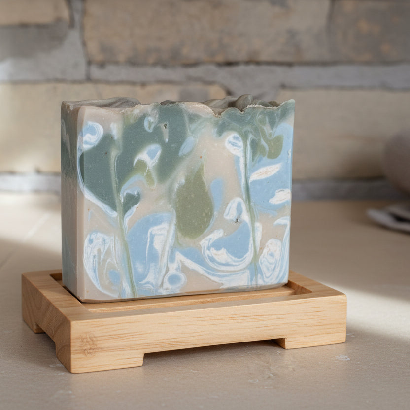 Marbled soap bar on a wooden stand with a rustic background
