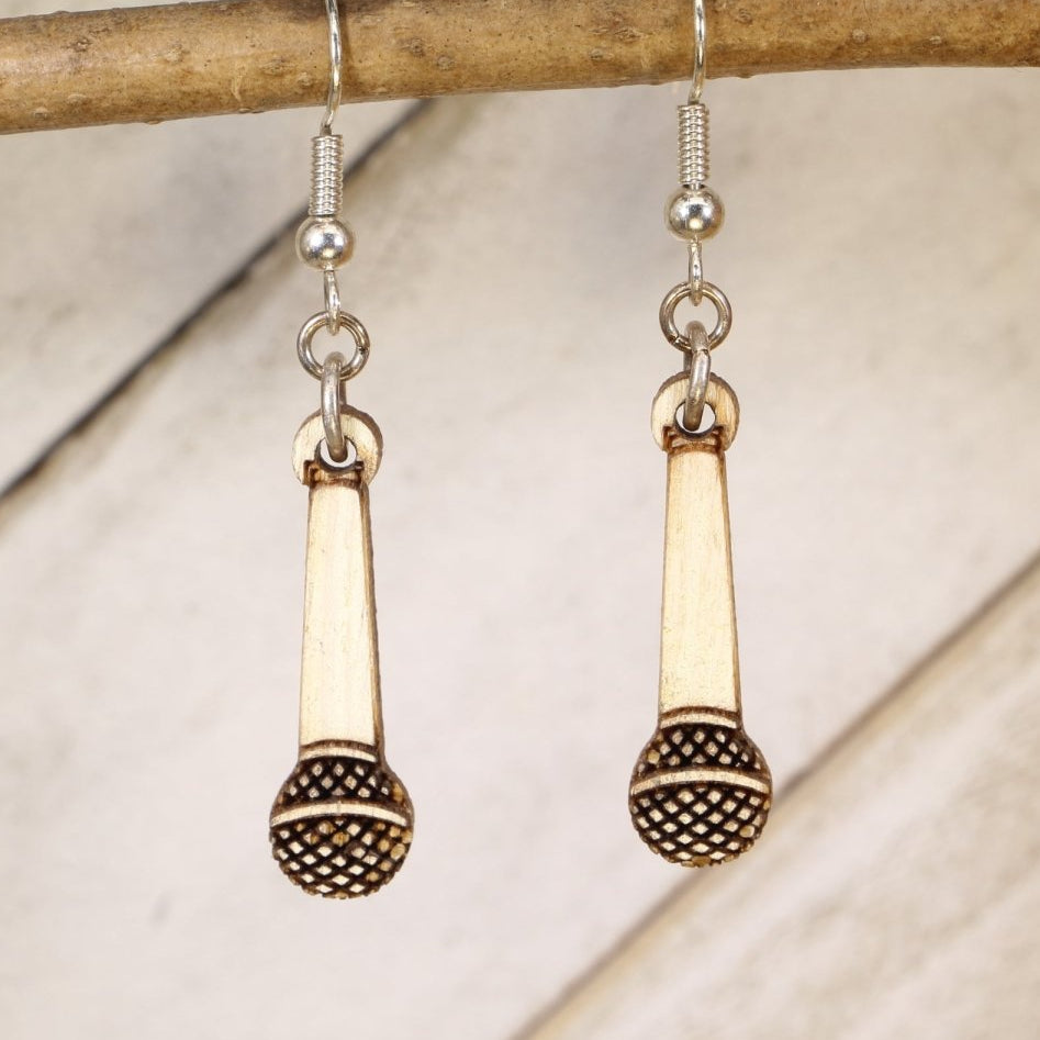 Hand-painted wooden microphone dangle earrings with singer music design and hypoallergenic sterling silver hooks, performance statement jewelry for vocalists, musicians, and music lovers