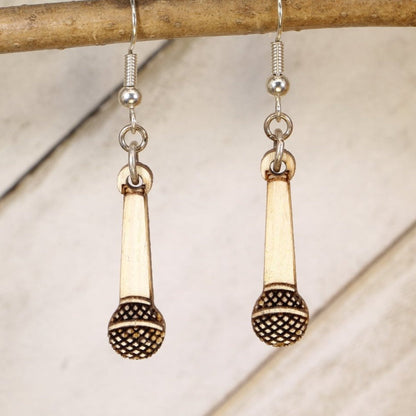 Hand-painted wooden microphone dangle earrings with singer music design and hypoallergenic sterling silver hooks, performance statement jewelry for vocalists, musicians, and music lovers