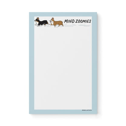 Mind Zoomies corgi notepad — illustrated ADHD brain dump notepad with corgi, 8.5 x 5.5 in, by MangoIllustrated