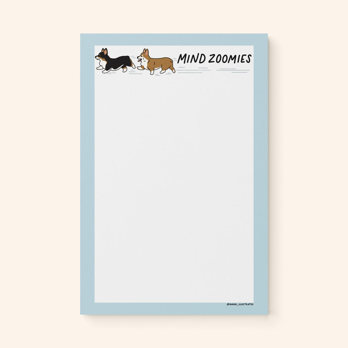 Mind Zoomies corgi notepad flat lay — funny corgi notepad for racing thoughts by indie artist MangoIllustrated
