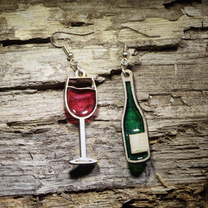 Mismatched wine bottle and wine glass wooden dangle earrings with green and red resin accents, wine lover jewelry for sommeliers and vineyard enthusiasts with green and red resin accents, wine lover jewelry for sommeliers and vineyard enthusiasts