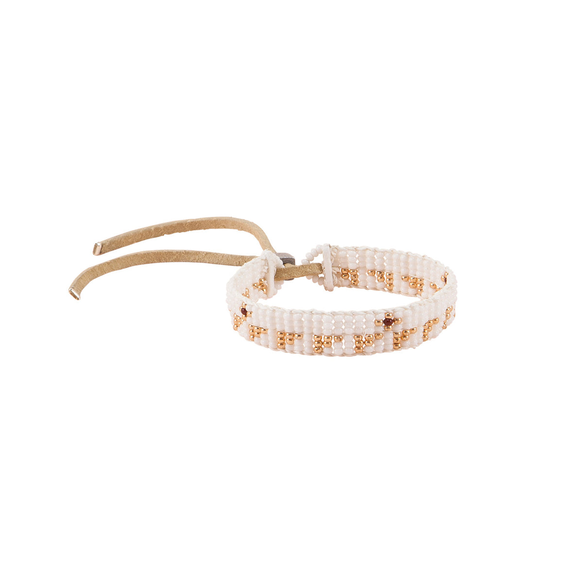 Mixed pattern warrior handmade Maasai beadwork bracelet in white and gold with red accents by Sidai Designs, ethical jewelry brand, Tanzania