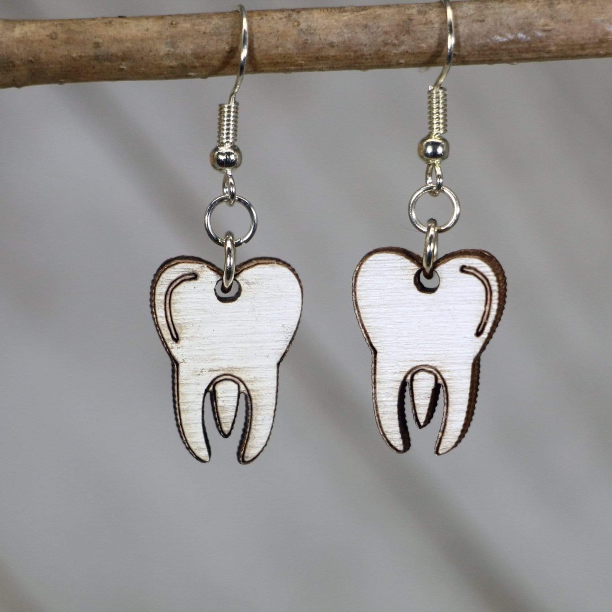Hand-painted wooden molar tooth dangle earrings with detailed dental design and hypoallergenic sterling silver hooks, lightweight tooth statement jewelry earrings for dentists, hygienists, and dental students