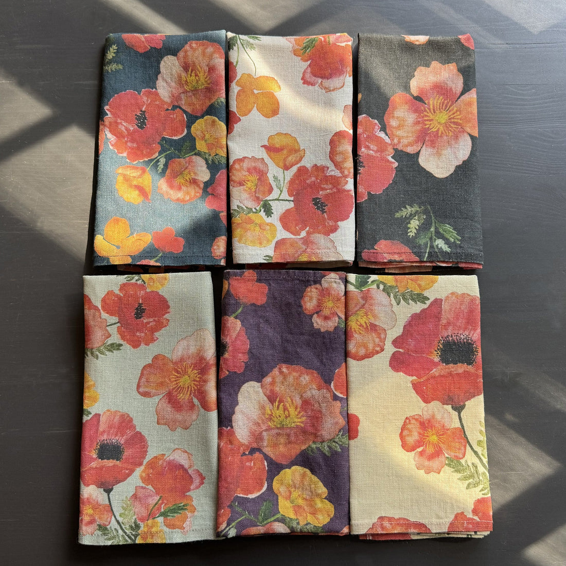 European Linen napkins in an Ember Poppies pattern in 6 different colors