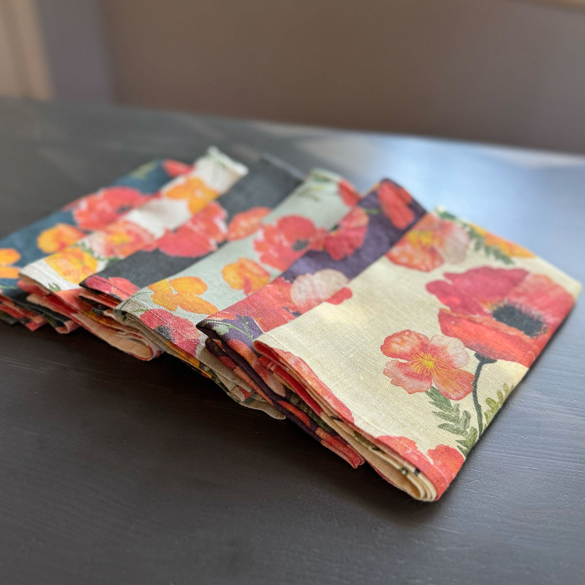 European Linen napkins in an Ember Poppies pattern in 6 different colors