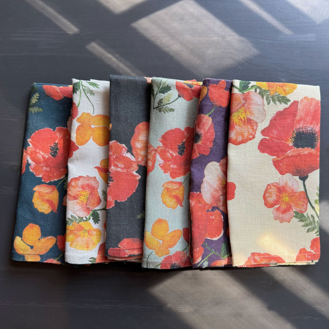European Linen napkins in an Ember Poppies pattern in 6 different colors