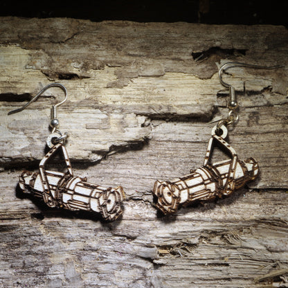 Natural wood theatrical spotlight dangle earrings featuring detailed stage lighting instruments with mounting yokes. Lightweight theater jewelry perfect for theatre teachers, technicians, lighting designers, stage crews, drama students, and performing arts gifts.
